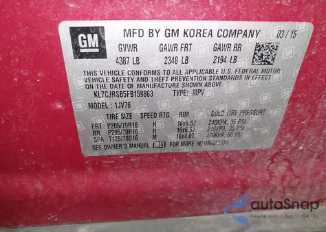 2015 Chevrolet Trax Lt from USA, damaged, VIN KL7CJRSB5FB159863